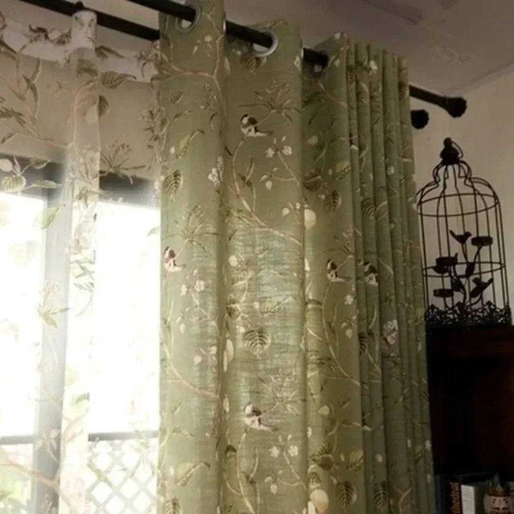 Rural Curtains for Living Room Dining Bedroom American Country Style Flower Bird Cotton and Linen Fabric Curtains Customization